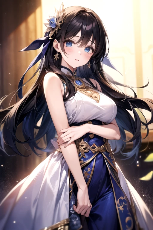 (Realistic:1.3), (masterpiece:1.2), (photoRealistic:1.2), (highest quality), (Detailed skin:1.3), (Intricate details), (Ultra-high definition face)
Reduces light reflections, 1 woman, 19 years old, Detailed skin texture,
She has only two legs, Two arms, Five fingers, Two joints in the fingers, Perfect body balance, good legs, slim legs, left and right legs the same thickness, Smooth Skin
 (blush:0.7), ((smile)), 
Black Hair, Straight Hair, medium Long Hair, Calm hair, bangs, Hair between the eyes, Hair volume is low, 
Sparkling blue eyes, Lens Eye, Light reflection in the eyes, Symmetrical eyes, looking at the camera, high light in the eyes, (eyelashes), lowered eyebrows
hair ornaments,
((Wearing dress), the dress is one piece type, ((Do not cover the crotch)), ((black g-string panty)), tiny panty, separate Panties from clothes, off shoulders
((big tits)), (vagina), (pussy), (camel toe),  under boob, cleavage of chest、
((((Depict from chest to HEAD)))), (((angle from side))), 
Inside the room, Natural light
((roll up skirt with her hands)), ((stand in the room)), (Pinch the skirt:1.3)