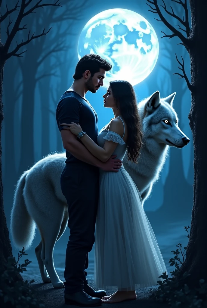 A book cover of a full picture couple, the male should be kissing the female’s forehead, while the female will have her eyes closed and her hands holding his arms. In the background add the full moon behind them also add with some tree branches (not too much) also add a big black wolf underneath them. It’s eyes should be very light it should be emitting icy blue. Also the background color should be blue like in a forest with the full moon shining on the background and the characters.