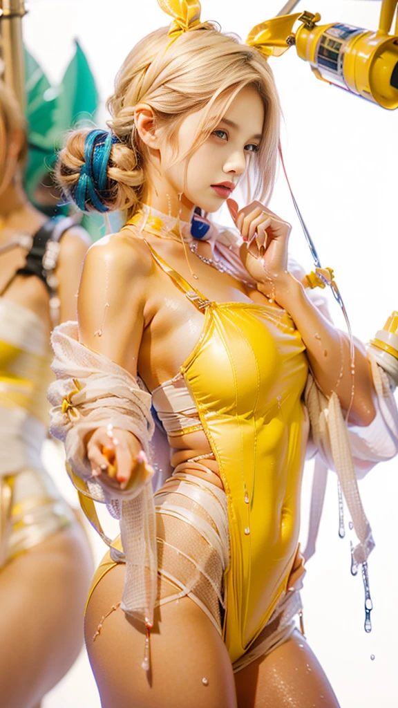 4K, A high resolution, Best quality at best, masterpiece, perfect colors, perfect shadow, perfect litthing, ((sportrait)), 1woman, fit-muscled body, bright yellow eyes,dark blue hair , blue eyes, With round lenses, The audience watched carefully, (s face: 1.2), Perfect female figure, ((standing)), ((beautiful queen in yellow dress suite, luxurious yellow tight crop top yellow roses and skull adorn her cloth, (yellow bikini, yellow roses, gold skull ornamental, yellow dark))), ((shy and looking at viewert)), (Perfect thick white eyebrows) Delicate fur, 详细s face, s the perfect face, At a fantasy cyberpunk city , (model pose standing), energetic abstract background, perfect cyberpunk city skyscape, lighting atmosphere, ((Bonifasko lighting)), (The round lenses on his eyes)(detailed eyes), Perfect student, ((face close up)), half breast open