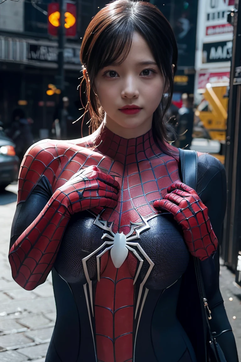 (Wearing Spider gwen), Very cute and baby-like face, Power puff girl, Naked, Angry pose, Angry face, (((BROWN HAIR MALAY GIRL))), masutepiece, High quality, UHD 45K, Realistic face, Realistic skin feeling , A Japanese Lady, , , Very cute and baby-like face, (((FLAT CHEST))), (MATRIX WORLD), ((look In front at the camera and SADNESS)), with Kamen Rider RX fashion, ((RED BLACK SPIDERMAN COSTUME)), captured in ultra high resolution with photorealistic and beautiful lighting. This masterpiece is of the best quality and is set against a zentangle, (((CUTE GIRL))), ((RED LIPS)), ((NUDE)), ((CHUBBY)), ((SPIDER GIRL)). Malay girl wearing red black spider gwen costume in the middle of the toll road