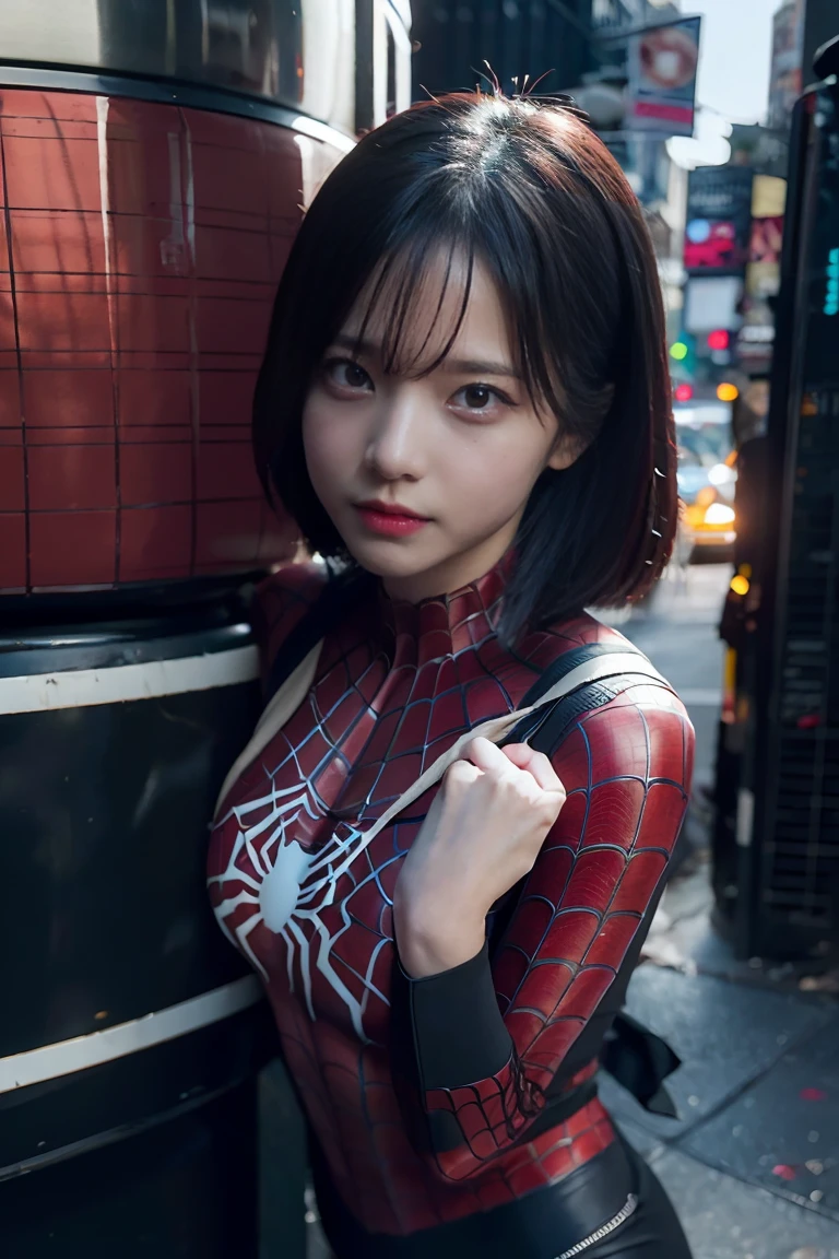 tmasterpiece,1 Chinese girl,Fine hair accessories,realisticlying,8K UHD,high high quality,in the background bokeh,spider-man suit,Spidey,Clothes wrap around the whole body,Tight clothing,Short black hair,s the perfect face,shining face,Ultra-clear face,Elaborate Eyes,idoly