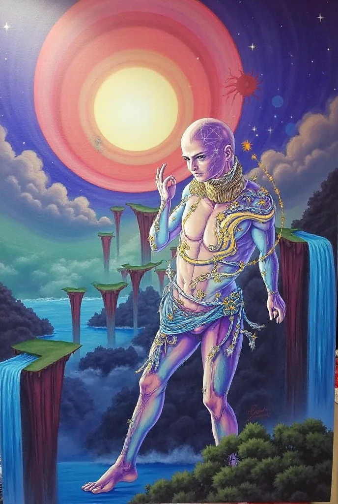 cs-m3tal-400 fantasy, a coloured line drawing of a mature Japanese satyr sitting in a desert oasis, natural fountain. Their bodies have networks of fine glowing (rose:0.33) veins. Intricate, very detailed
