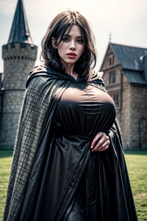 Mist in the Woods, A female dwarf is taking a brief respite, wearing fully clothed dress, hidden gigantic saggy breasts, hidden cleavage, giga_busty
