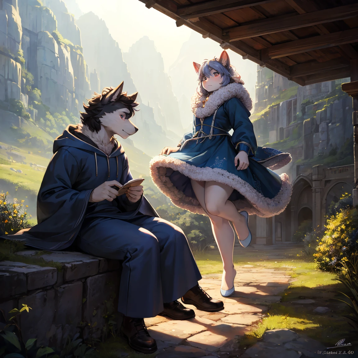 score_9,score_8_up,score_7_up, source_cartoon, kat, Anthro furry feline, female, short slender body, long blonde hair, long messy hair, hair covering one eye, pink nose, blue eyes, white whiskers, silver fur, grey stripes, furry body, short, young, about 6 months years old, wearing ruffled blue blouse, brown skirt, looking down, furrowed eyebrows, brown boots, nighttime, walking, hands chained together, hands restrained by chains, side view, a rope tied to her wrists, walking down a nature path, outdoors, soldiers in the background