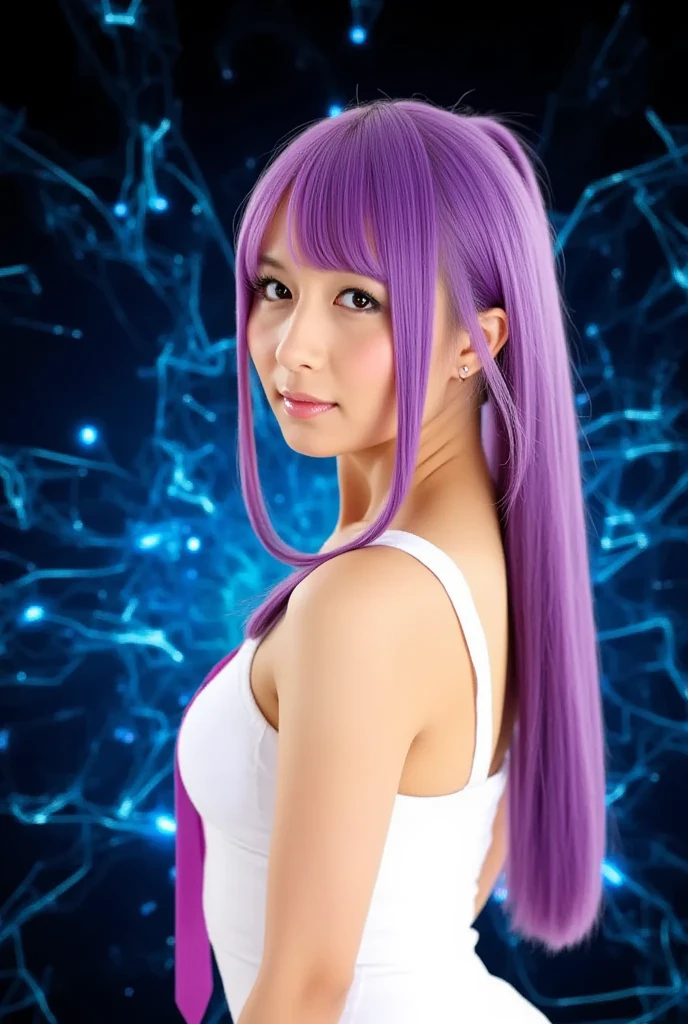 1 Girl,Beautiful retro colors, Instagram (photoPractical, high resolution:1.4), ((Puffy eyes)), Looking at the audience, , whole body (8k, original photo, best quality, masterpiece:1.2), (Practical, photo-Practical:1.37),(Clear focus:1.2), Professional lighting, Photon Mapping, Radiosity, Physically Based Rendering, (Pale skin:1.2),(Small Breasts:1.2), Looking at the audience, (Medium-length hair:1.5), portrait, Purple Eyes, (Elongated hair:1.1),Bangs, (Simple background:1.4), Solitary, Upper Body, Practical,(masterpiece:1.4),(best quality:1.4),(Glowing skin),Rob a girl,cosmetic,Smile(Skinny,Shut up,Shy :1.3) ,Medium bust,Sexy pose ,