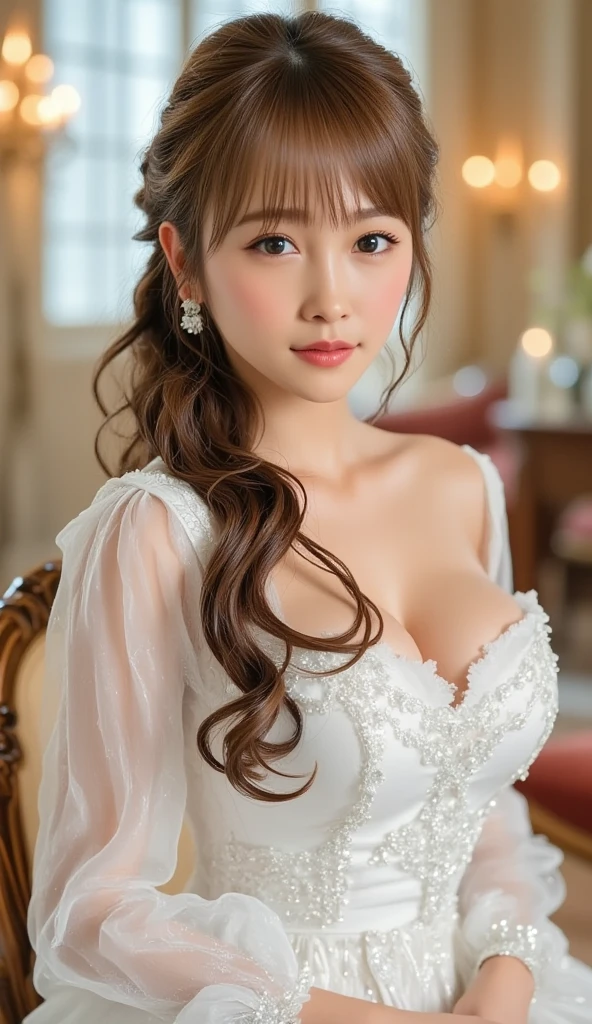 (8k,RAW Photos,Like the picture:1.45),masterpiece,Highest quality,wonderful,(Sexy Mature Woman:1),(Mature Woman:1.3), (3 woman.1.3)、(((very, very big)))、(((Extremely lewd and very huge boobs)))、(((Very deep cleavage)))、Hyper Real、In the lounge of a luxury hotel、A beautiful and dignified smile、Beautiful white skin、Beautiful, delicate and precise skin texture、With long, fluffy, beautiful brown hair((updo:1.85))、Beautiful Japanese Women、(BIG ASS)、Thick thighs、Bright red lips、Gold earrings、Gold bracelet、Gold Necklace、(Super Detail),((Very delicate and beautiful)),Focus on the characters,Dynamic Angle,looking at onlookers with an intensely lewd gaze,((alone)),Are standing,((Extremely obscene whole body)),((a princess wearing a wedding dress that's a gorgeous evening gown with voluminous skirts)),((Smiling beautiful bride)),Detailed, Big smile and eyes,Jewel-like eyes,((Very long and voluminous hair)),Gorgeous embroidery and lace,((Gorgeous corsage)),See through,(Gorgeous Jewelry Ornaments),Luxury Hair Accessories,Gorgeous jeweled tiara,Gorgeous frills,((Very lewd face and huge breasts)),indoor,extremely obscene church wedding,((Extremely obscene whole body)),Hoop skirt,crinoline,very long wedding veil,(((a mix of a bejeweled wedding dress and a luxuriously embroidered rococo ball gown))),