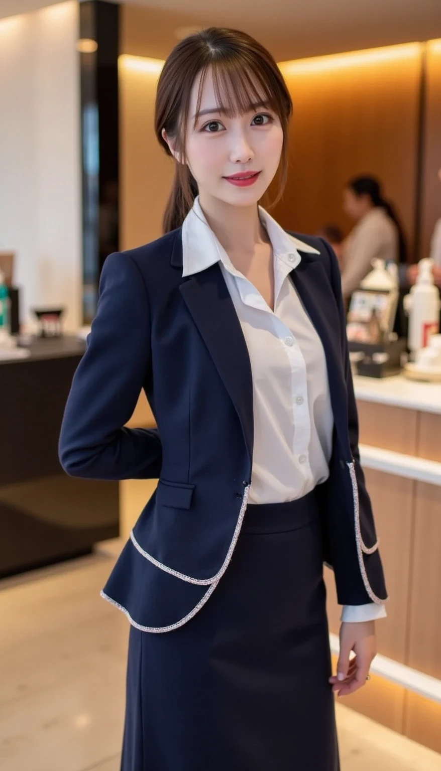 Beautiful Japanese Woman、Beautiful mature woman、上品なsexyさ、sexy、blazer、cotton tight skirt、smile、Round face、Updo、Thighs、