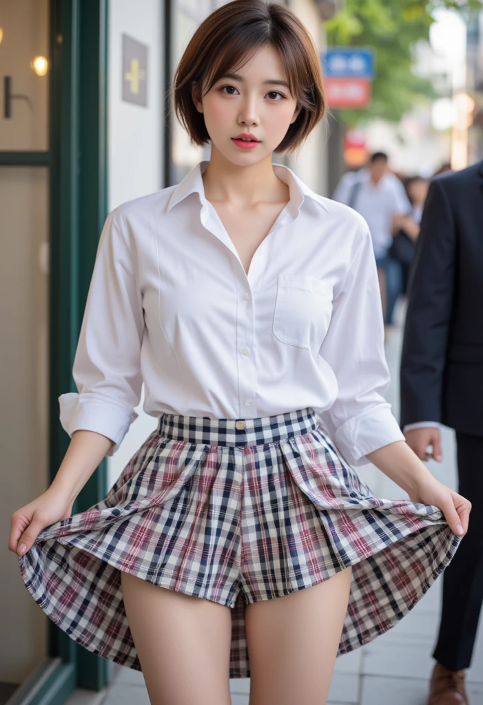 1girl, Solo, 20s, Ultra Realistic, Masterpiece, Sharp Focus, Super Detail, Absurdity, High Resolution, Dynamic Lighting, 50mm Portrait, City, Night, Neon, Cute, Slender, Glossy Skin, Delicate Face, Sexy Expression, White Shirt, Blue Tie, Bob Cut Hair, Pleated Skirt, (((Skirt Up: 1.3))), (((White panties visible))),