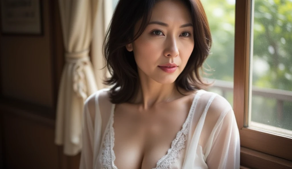 ((Best Quality, 8k, Masterpiece, Portrait: 1.3)), (looking at viewer),Photorealistic, Sharp Focus, Solo, Japan Milf, Beauty, Clothes with Cleavage View, 30 Years Old, Wavy Hair, Wrinkles at the Corners of the Eyes, ((Open your legs wide:1.5, Sit one knee up:1.5, show ??????)), (loose waist:0.5), darkness nobody room,