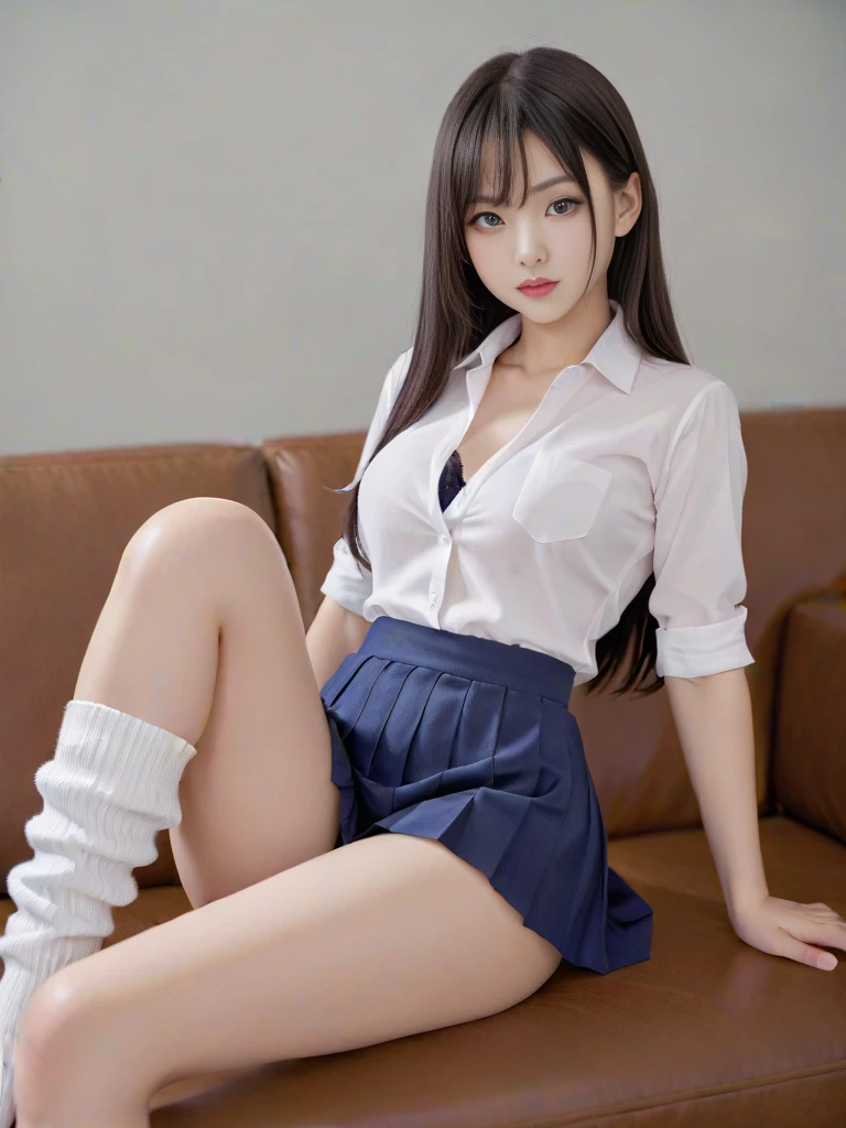 ultra highres,(reality: 1.4),highest quality, masterpiece, high detail, 16K quality, beautiful, 1 beautiful girl,japanese,super beautiful face,baby face,japanese idol face,super cute face,super detailed face,detailed hand,beautiful skin,glossy skin,wet skin,big eyes,smile,cinematic lighting,medium hair,wavy hair,brown hair,brown beautiful eyes, white shirt,open shirt,bare ,medium breastsd skirt,skirt lift,sitting with knee up,spread legs,arack,(((show off pussy))),(detiled pussy),ace,high socks,undir,nsfw,she is looking at the camera,class room,