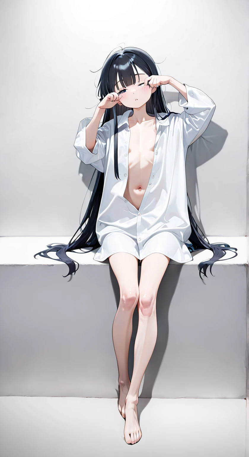                                                       (masterpiece, best quality, high quality, highres, ultra-detailed, アニメ \(style\),simple eyes, ), 1girl,(completely nude,) black hair,hair slicked back, (blunt bangs,),ponytail,brown hair ,wide shot, cinematic angle, spread legs, looking at viewer, from above, BREAK indoors,on_bed,lying on back,white bed sheet, bedroom, simple background, BREAK, (1girl and 1boy,having sex,nsfw,couple,hetero,pussy juice:1.5), (boy,completely nude,sitting, indian style, :1.3) boy fingering a pussy,finger_in pussy,(caressing pussy,:1.3) detailed pussy,((Very delicate body:1.2))、((Very flat chest:1.2))、((Small waist)),kneeling:1.3         