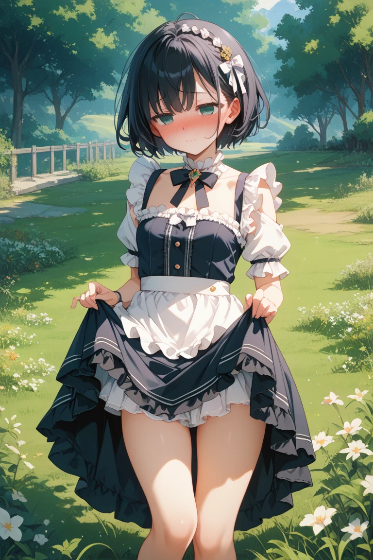 (masterpiece),maid,apprentice girl,sisters,black hair,small breasts,cotton polka dot panties,Gothic Long Skirt,sit,ピンクのdrawers,Drawers,slip,,Natural light, realistic, diffused light, look up from below,vapor, (lift skirt), (urinate,leakage, Pigtails,Thighhighs,Ankle-length long dress,drawers,embarrassing red face,,in front of the flower bed in the garden,satin fabric,,Silk Fabric,