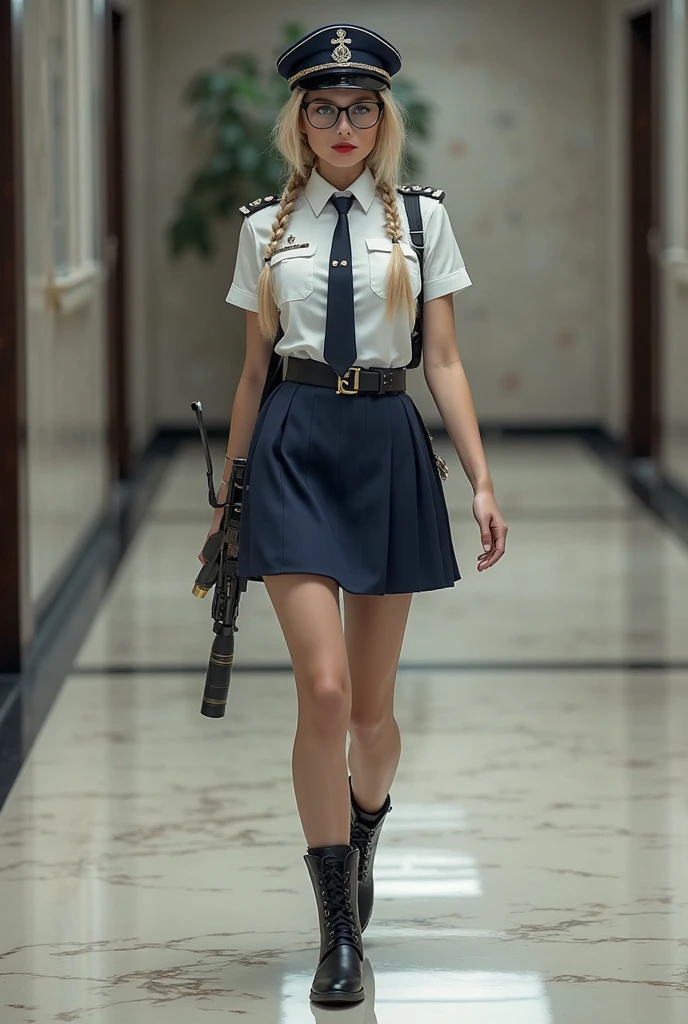 ((fashion photography)), perfect face, perfect eyes, (medium full shot) of (gorgeous soldier) young woman, italian, green eyes, tan skin, tan skin, turquoise eyes, petite, blonde hair, wearing Fitted jacket with insignia patches, tailored skirt, combat boots, peaked cap, binoculars, set in public Toilet, Clean, well-lit space with tiled floors, rows of stalls, sinks with mirrors above, hand dryers mounted on the wall, waste bin , surprised, open mouth, running toward the viewer, masterpiece, best quality, photorealistic, very aesthetic
