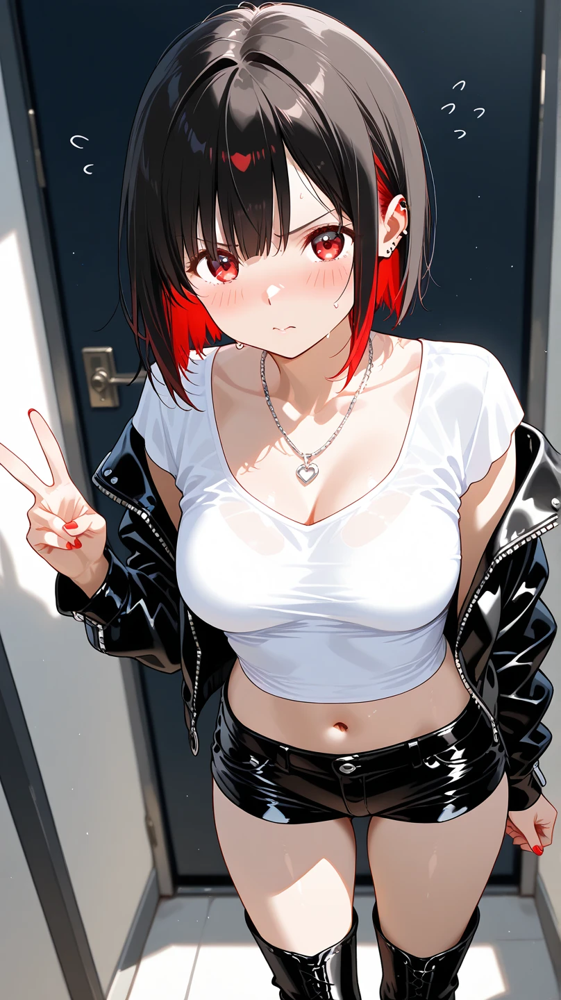 1girl, short black hair, tousled hair, messy hair, green eyes, red jacket, red and black jacket, white top, white tank top, white transparent top, sheer fabric, thin fabric, sheer top, transparent top, white transparent top, loose white top, downblouse, down blouse, no bra, pink nipples, hard nipples, ????? nipples, poking nipples, belly, midriff, tomboy, boyish, masculine, androgynous, badass, sideboobs, sidebreast, sideboob, armpit, armpits, ribcage, city, city background, black denim shorts, ripped jeans, unbuttoned shorts, unzipped pants, low-rise, leather belt, looking at viewer, full body, raised arms, raised arm, tying hair, open mouth, hands behind head