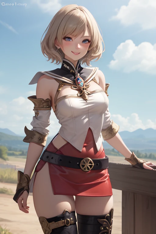 masterpiece, best quality, absurdres, perfect anatomy, 1girl, solo, Ashelia, short hair, AsheliaOutfit, miniskirt, thighhighs, jewelry, belt, standing, cowboy shot, smile, dynamic pose, dynamic angle, outdoors, plains, hills, (fashion model pose)