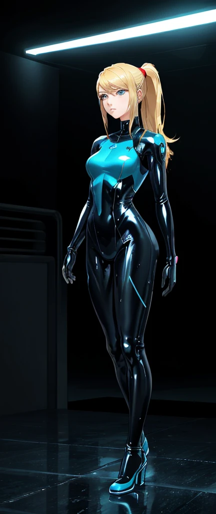 EDI Mass Effect in a tight latex bodysuit, visible cameltoe (incredibly detailed, beautiful metallic face with dark lips, piece of art) standing.