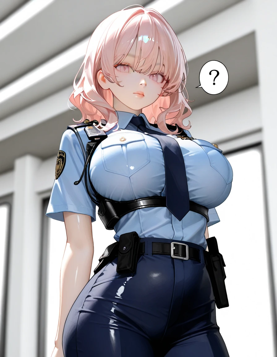 1girl, solo, (Huge tits, gigantic tits), narrow waist, wide hips, curvy, frown, flat peaked cap, military uniform, short pink hair, blue eyes, open black jacket, white shirt, necktie, black pants, black gloves.