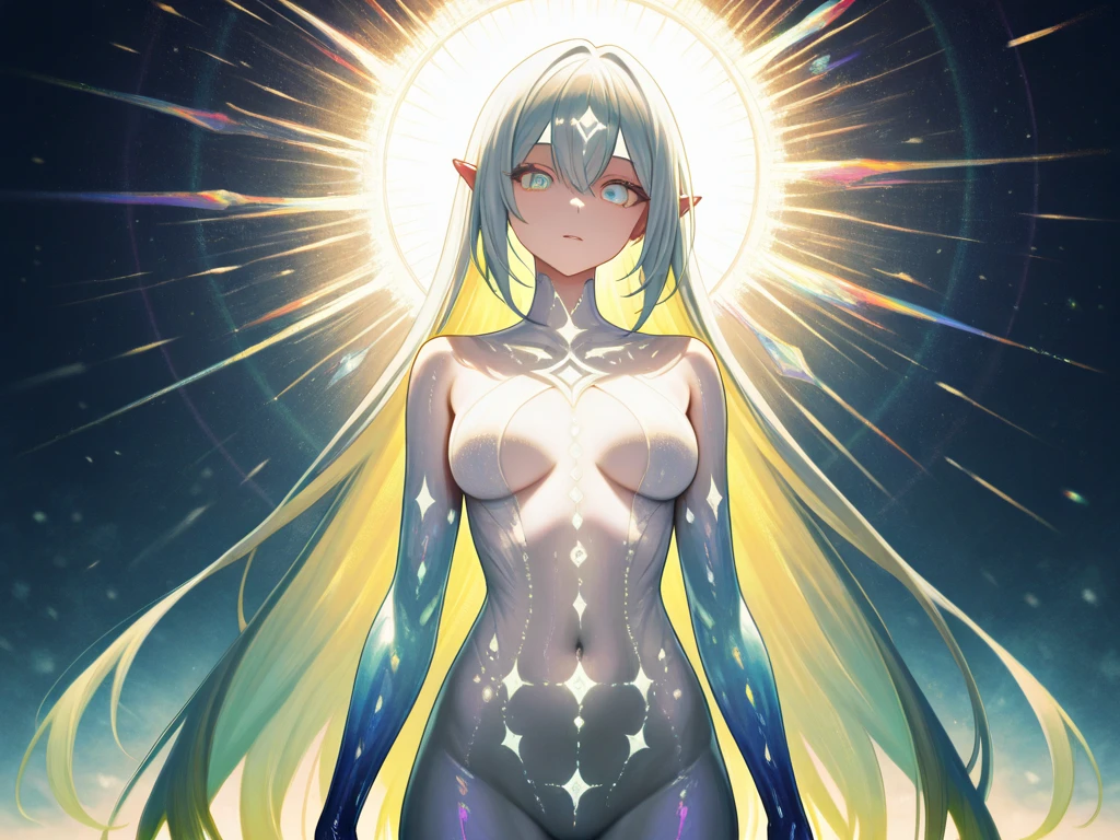  Envision an expansive astral plane, aglow with the soft luminescence of starry yellows and reds, endlessly soaring upward. Central to this celestial scape a woman of grandeur, with a luminous white body, exuding a sense of profound power and allure. Beautiful face, Beautiful eyes, features prominent glowing attributes, as if gently interfacing with the astral fabric. The lower half of its form transitions into a dark, vaporous essence that drifts behind like a comet's tail, fusing with the astral hues. The portrait designed to capture the magnificent presence of a being in complete harmony with the cosmos, an incarnation of the surreal and mystical. 