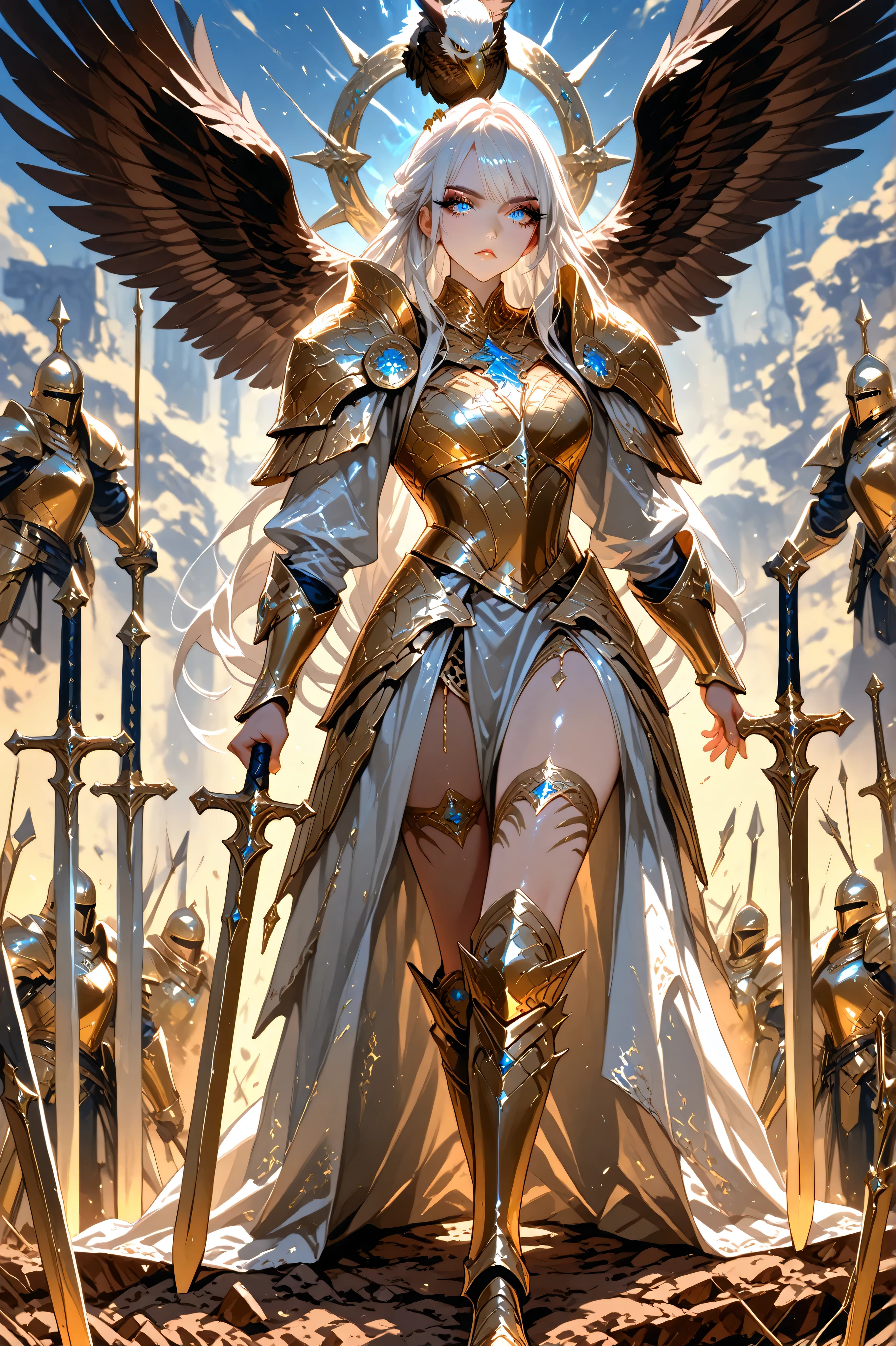 best quality, extremely beautiful, beautiful face, angel woman, four huges black wing, revealing armor with open front skirt, very long dark hair, bright white light eyes
