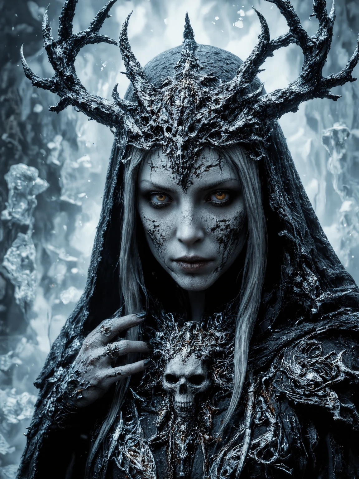picture of (woman with face and body tattoos) , wearing a (((iron armor))) in a ((ice forest))