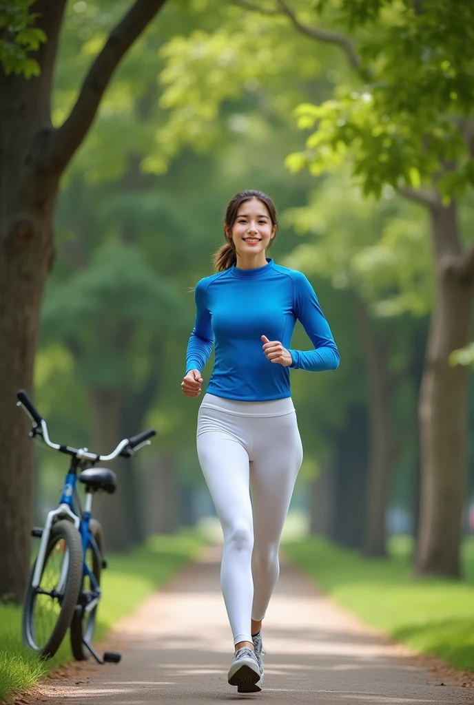 Best quality, 4k, 8k, full body photo, girl wearing jogging shoes, girl running, sweating, exercising until she is sweaty, Korean makeup, laughing, perfect body, shoulder length straight short hair, huge breasts, slim, big dripping with sweat
