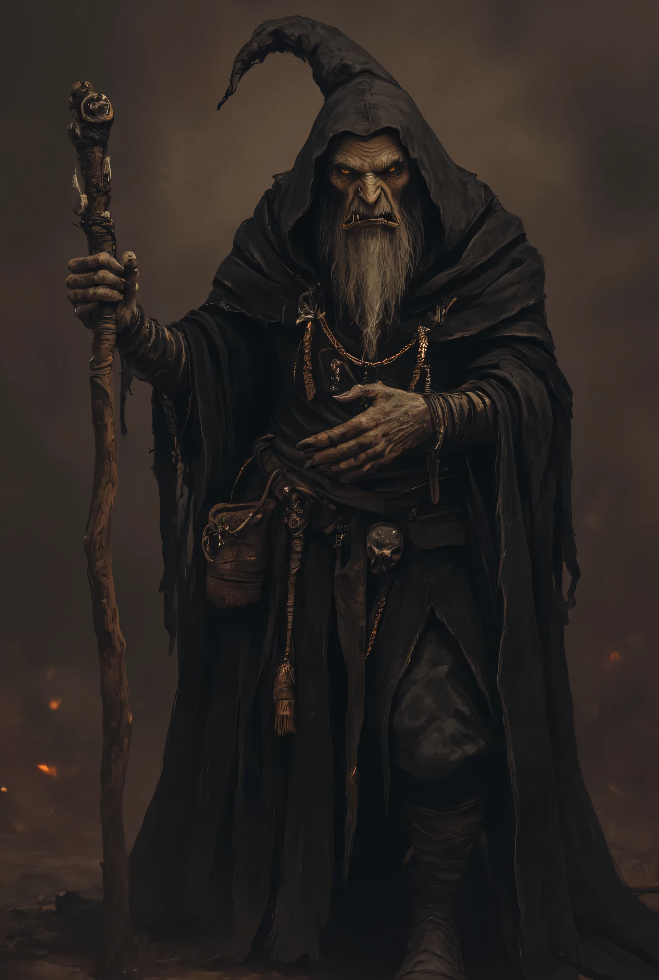 (an elderly woman witch with a gnarled and wrinkled face, prominent hooked nose, hunched posture, wearing a long black tattered cloak and a tall pointy hat), anthr0dnd, Gul'dan, dark fantasy character, character concept art, minimalist design, 8K, photorealistic, masterpiece, ultra-detailed, vivid colors, dramatic lighting, moody atmosphere, cinematic composition, simple dim background, ethereal elegance, intricate textures, seamless blend of realism and fantasy