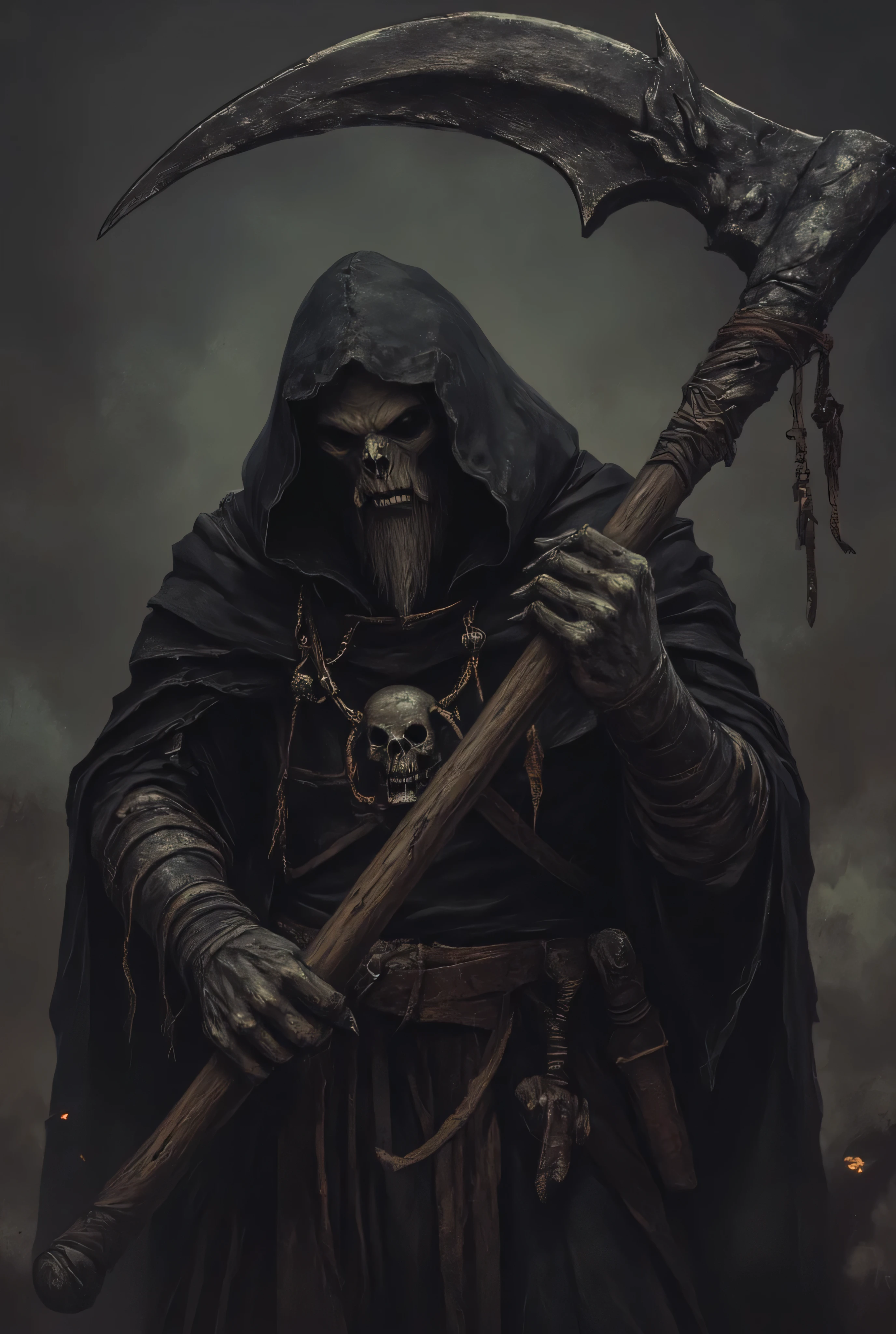 (grim reaper holding a large scythe, detailed portrait of a hooded figure, sinister expression, skeletal features, bony hands, tattered cloak), anthr0dnd, Gul'dan, dark fantasy character, character concept art, minimalist design, 8K, photorealistic, masterpiece, ultra-detailed, vivid colors, dramatic lighting, moody atmosphere, cinematic composition, simple dim background, ethereal elegance, intricate textures, seamless blend of realism and fantasy