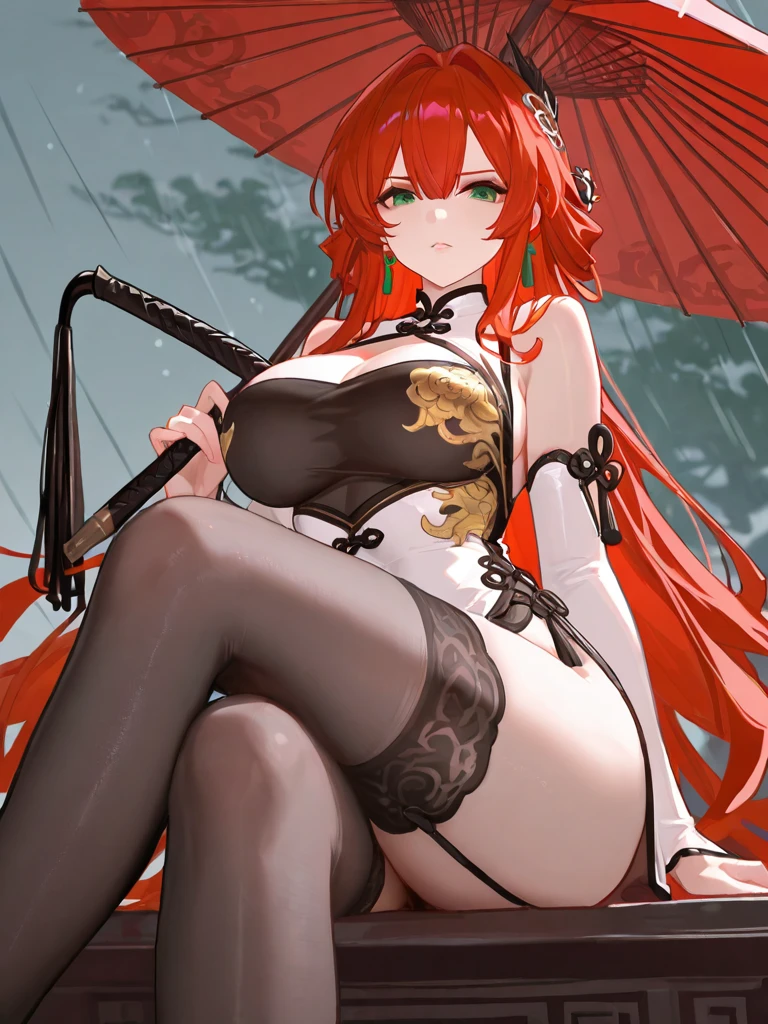 (Masterpiece, best quality, beautiful eyes, highly detailed, high res, anime), 1 girl, fox ears, fox tail, orange hair, green eyes, massive breasts, massive cleavage, Japanese priestess, Japanese dress, barefoot, seductive smile, water, temple, sexy, mature woman, wet clothes, wet skin, tight clothes, thick tights, mommy body, thick body,