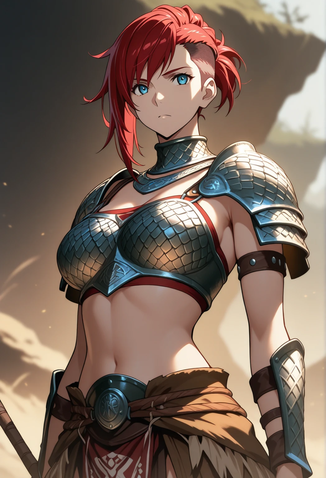 core_9, score_8_up, score_7_up, score_6_up, BREAK 1woman, Wolf female, skinny,big breasts, wearing barbarian armor, in a rocky orange desert terrain, smirking, sweating, holding axe, red hair, wolf mouth