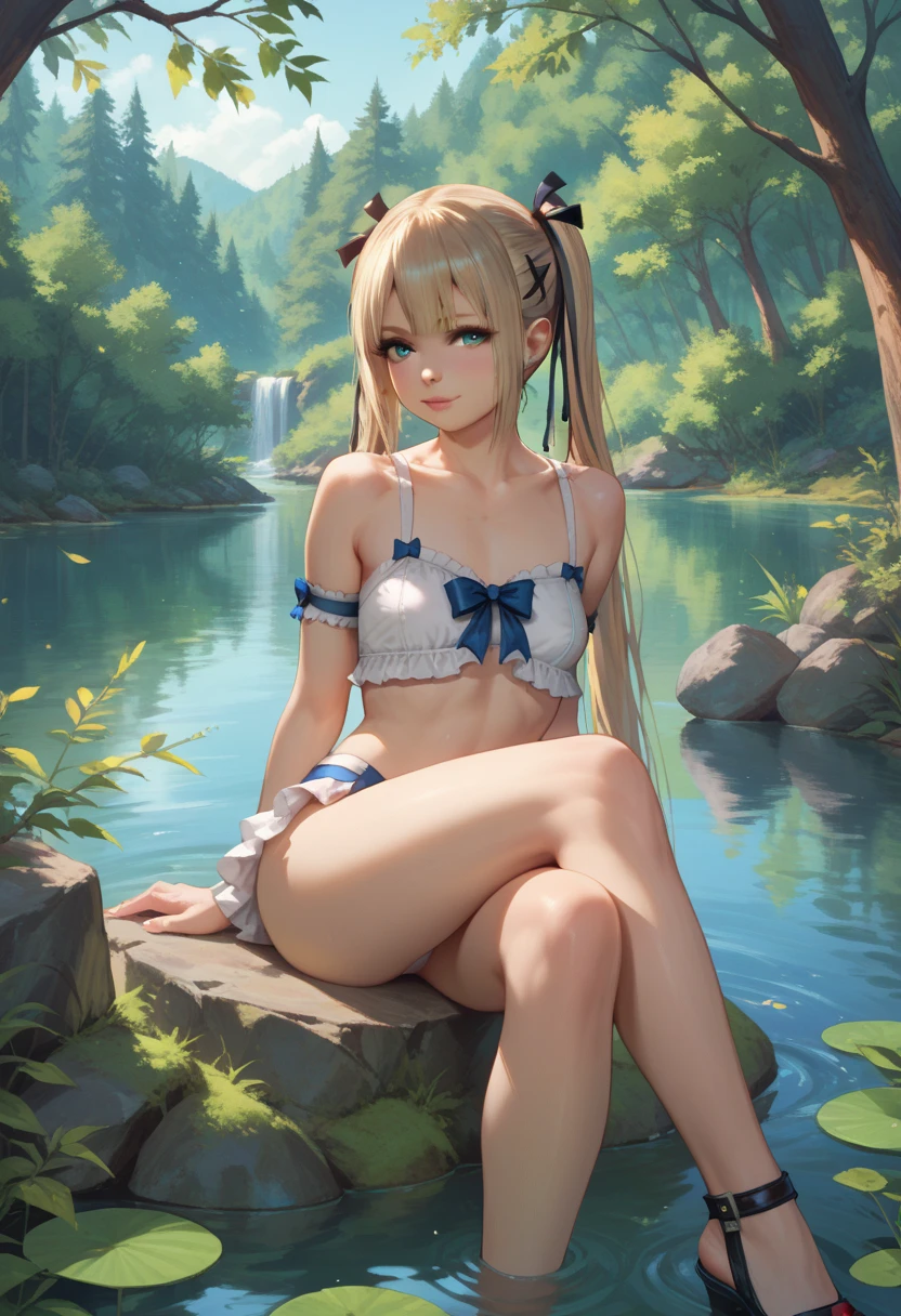 (top-quality、​masterpiece)、Two beautiful girls、Detailed face and skin texture、A detailed eye、Frontal figure、From head to knee、Wet and see-through scanties、Chiaroscuro、Wet white underwear、White scanty、((see -through)、(cammel toe)、(Pink nipple))、Standing straight in white underwear in the dark、peaceful ambiance、small tits、a serene smile、a blonde girl、Blue eyes、big eye、Stand upright in water up to your knees、lowkey、