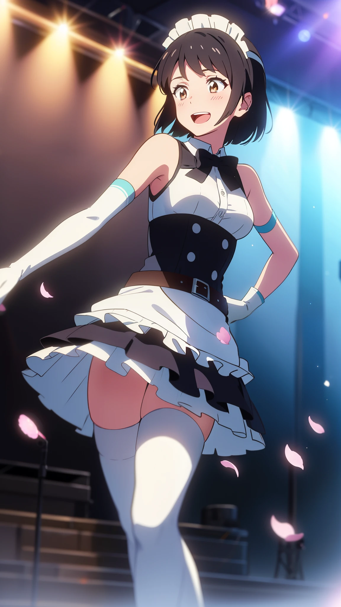shinkai makoto, kimi no na wa., 1girl, bangs, black hair, blush, brown eyes, idol, idol clothes, ribbon, pink dress, black hair, red bow, red headband, red ribbon, short hair, smile, cute, solo, open mouth, breasts, medium breasts, singing, concert, stage, outdoors, dynamic pose, bare shoulders, thighhighs, light_particles, lens_flare, reaching_out, sky, blue sky, cloud, balloons, confetti, :D, looking at viewer, holding microphone, standing