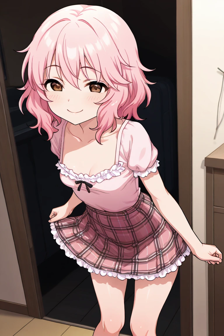 1girl, loli, 4 years old, cute, happy, short hair, twintail hair, ((cute pink mini dress)), upskirt, standing, ((((cum inside panties side tie)))), warm panties, white background