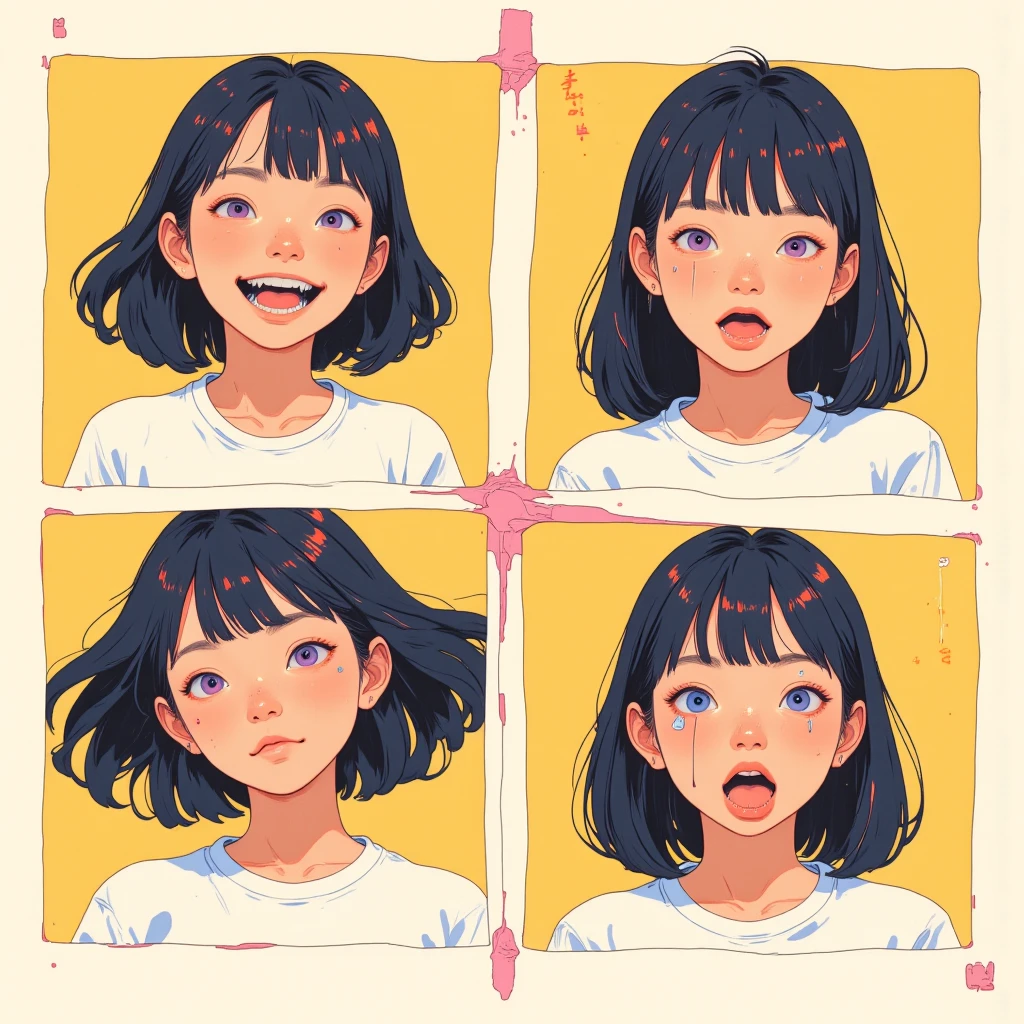 Draw the same character on a frame divided into 4 parts、“joy - SeaArt AI