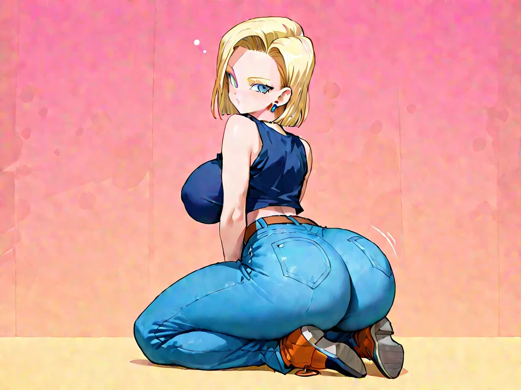 high resolution, Dragon ball art style, android 18, 1girl, (((bimbo))), puffy lips, painted lips, thick lips, wide hips, thick thighs, big breast, huge ass, revealing cleavage, erotic, Smile face, bubble butt, camel toe, Breasts, blue jeans, white bra, looking back, walking,