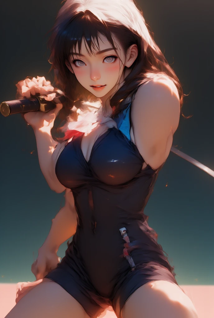 masterpiece, Highest quality, One girl, short ponytail、brack hair、virgin killer sweater, (sweater dress:1.2), ribbed sweater,sideboob,cleavage cutout, turtleneck sweater,(broen sweater:1.3),(crop top navel:0.8)、sleeveless,gentle smile、Very sexy、upper body,from front,huge breasts