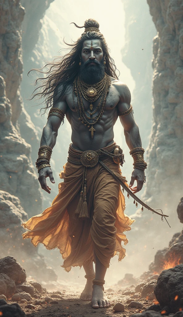 A lord shiva , a yogi,  long sharp nose, eyes closed, long hair tied in a bun, long black beard, shirtless, robust, holding a very large axe, a neckless of beads around the neck, sitting on stone with legs folded, meditative pose, hands on knees in dhyaan mudra, wearing a dhoti made of tigerskin, sitting on a rock, a large axe placed at his feet, snowcapped mountains on the background, photorealistic, detailed, art form by Louis Royo, Boris Vallejo, Frank Frazetta