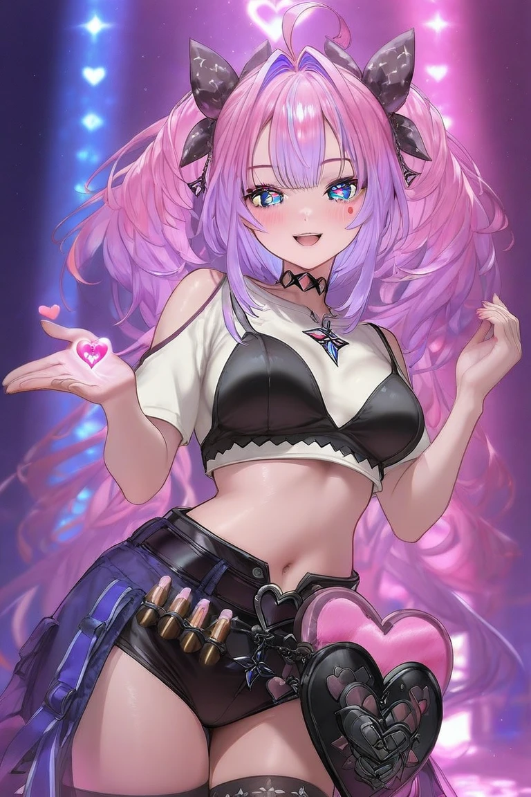 best quality,highly detailed,masterpiece,ultra-detailed,solo,(1girl),(Delicate eyes),(white background:1.3),long_hair, fishnets, thighhighs, fishnet_legwear, tattoo,pink hair,blue_eyes, navel, black_background, skirt, gloves, pink_hair, smile, (hair_ornament:1.1),upper body,