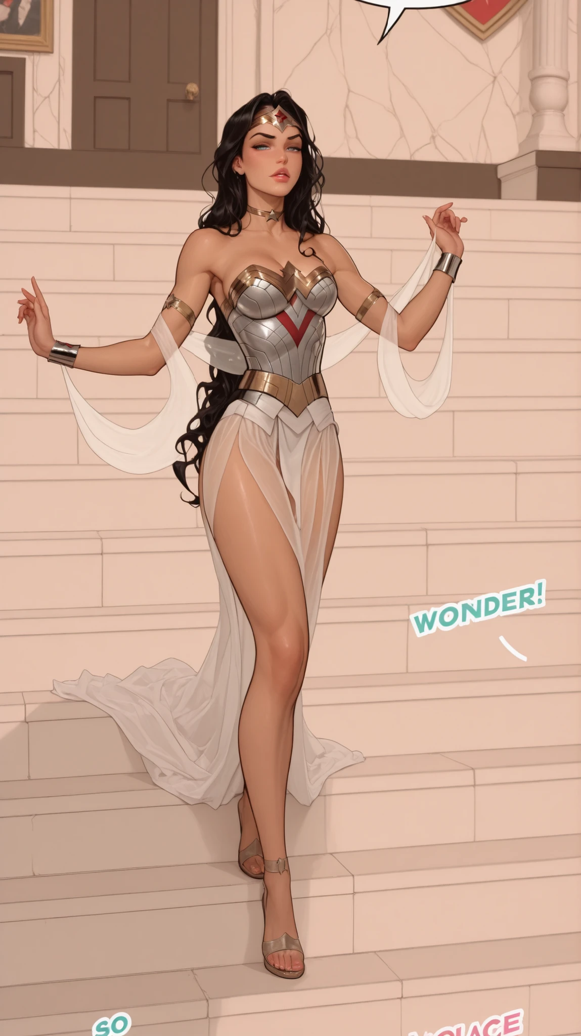 1girl, sexy and curvy voluptuous WonderwomanRB (wonder woman) with long black wavy hair and smooth skin, seductive expression, perfect face, perfect eyes, perfect lips, best quality, highest details, masterpiece
