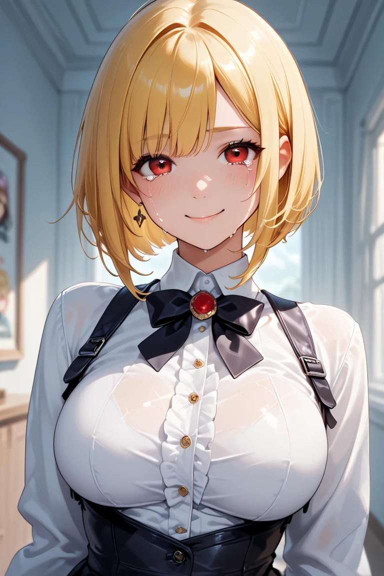 A woman wearing a white sleeveless shirt, casual black pants, pants with a chain, an iron cross around her neck, standing posture, big breasts, blonde hair, short hair, red bangs in her hair, psychotic smile, evil smile, brown eyes, multi-colored hair, outside a modern house, garden around, place at night with lighting, wide garden view with trees and plants, perfect face, yandere, scary smile, perfect smile, perfect lips, brown eyes, perfect eyes, (Azur_lane, KMS_Roon)UHD, masterpiece, textured skin, super detail, high quality, best quality, 8k, highres, accurate.