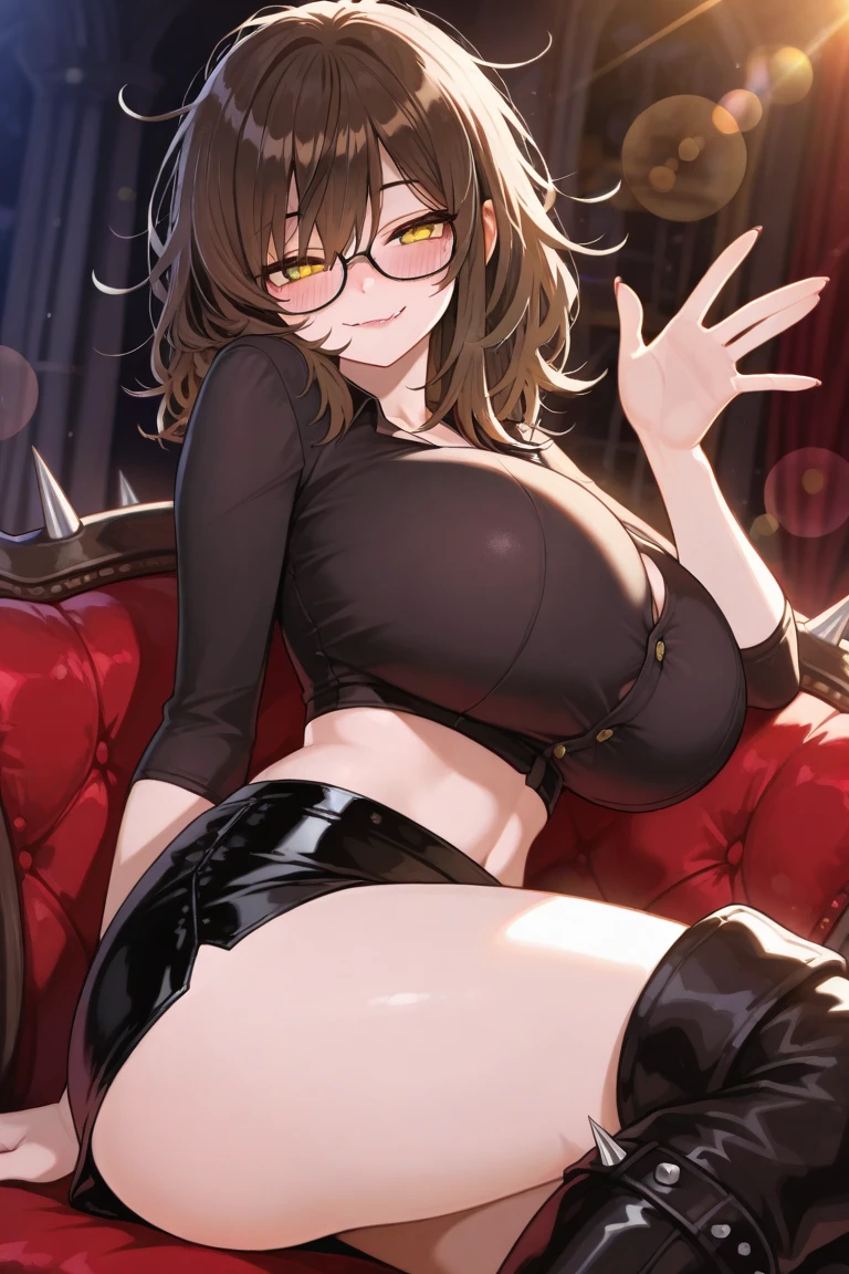 Alone, female, Brown hair, Brown eyes, clean hair, very big breasts, black suit, juicy stockings, showing thighs, Session, gentle smile, Brothel, psychologist, sofa, Pale skin, flirtatious, opening your legs, opening the vagina, naked, close up, pink lips, warm light, notepad, dialog box