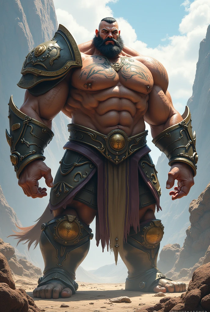 A muscular hairy male character looks up proudly, wearing a (very small loincloth), short head hair, very proud, the background is very damaged battlefield, very broad and exquisite, buzz cut, full body view,