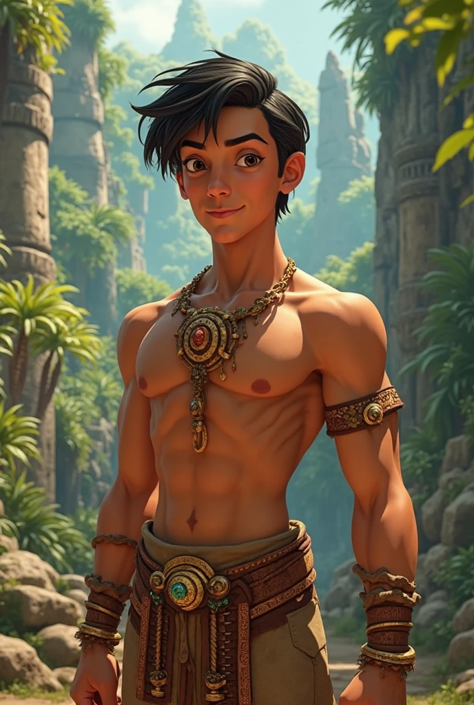 1boy, elven, cute face, pointed ears, brown skin, tan skin, dark skin, blue eyes, black hair, short hair, braid, sexy, tribal