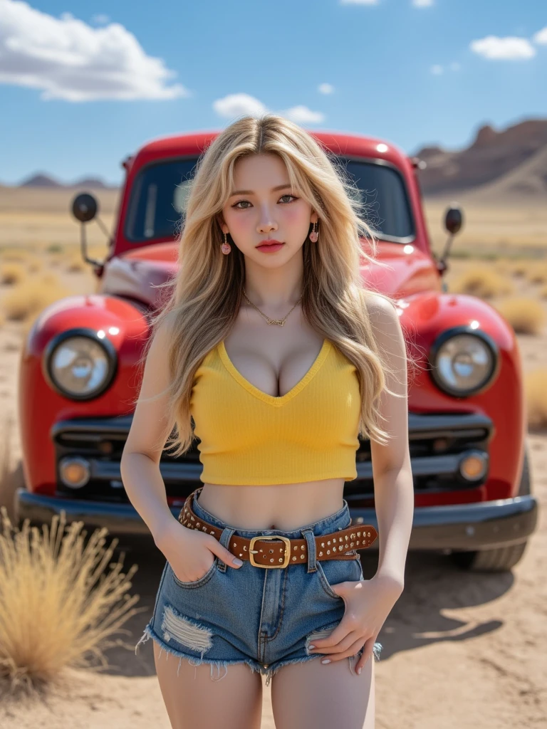 1girl, (Blue eyes), (smiling :1.2), (Sana Minatozaki), (beautiful makeup :1.2), wide hips, Big tits, big ass, (Best Quality, 8k, Masterpiece: 1.3), Clear Focus: 1.2, Perfect Body Beauty: 1.4, Slender Abs, Highly detailed face and skin texture, detailed eyes, double eyelids, red lips, (blonde long hair :1.2), (red short plaid shirt :1.2), (mini denimshorts :1.1), standing, dynamic pose, on a dirt road in the desert, cactus in the background