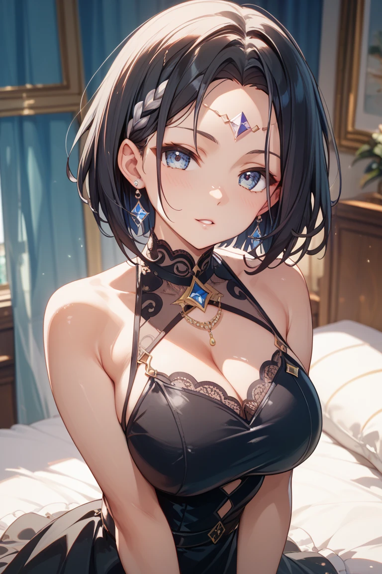 absurdres, RAW photo, extremely delicate and beautiful, masterpiece, Best Quality, ultra high resolution, 32k, hyperrealistic, ultra-detailed, delicate facial features, beautiful detailed woman, tearful mole, earring, medium breasts, full body shot, medium hair, black hair, Dunhuang Flying Apsaras costume, Dunhuang style, 