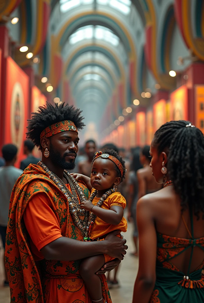 Oxum and Yemanjá in traditional costumes, with Oxum associated with gold and Yemanjá with blue or white, both with typical attributes. obaluaê, represented as the king of straws, with a costume made of straw or a stick. Oxossi with his hunter&#39;s outfit and bow and arrow.
A black girl of about , with afro hair, Wearing a pink dressing gown, positioned next to the orixás.