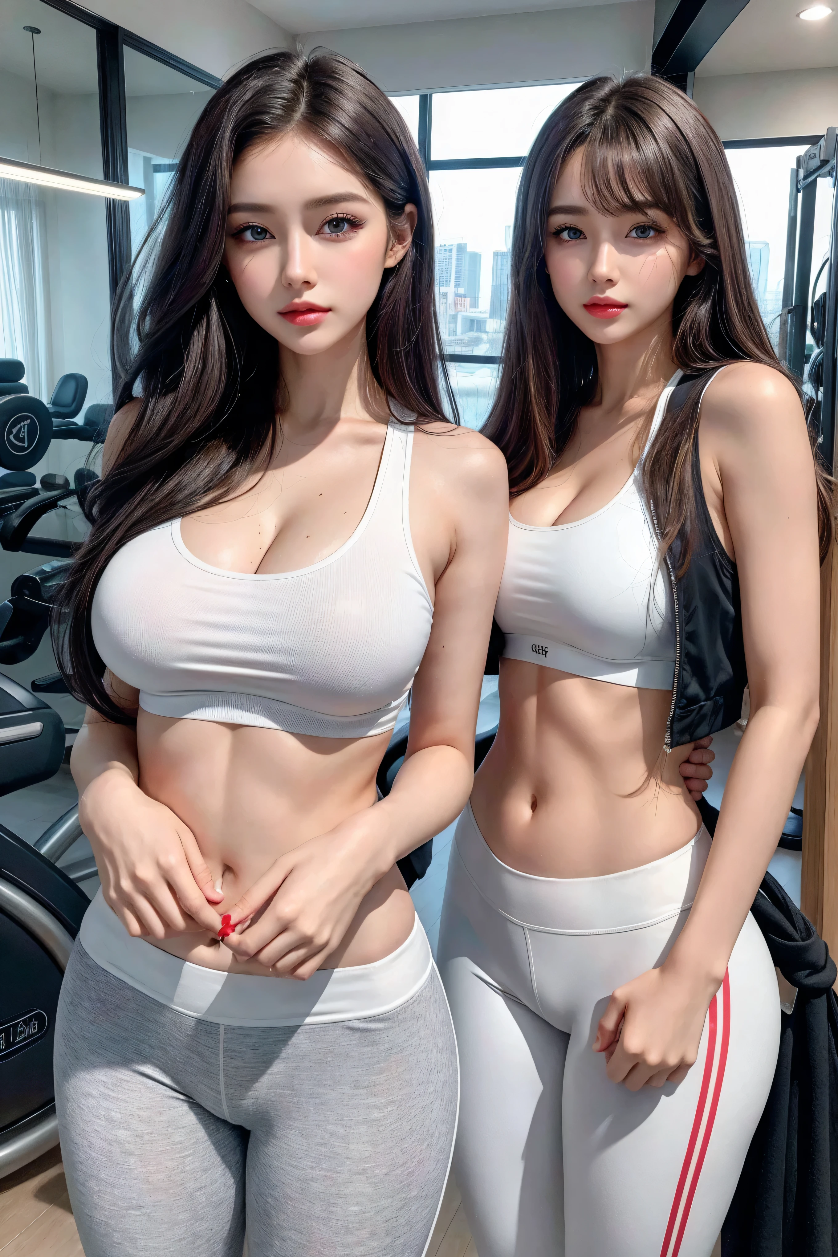 （best qualityer）Meticulous sportswear girl，Sit on the gym floor，spread their legs，camel fingers，Wear delicate white leggings and a sports bra with a neckline，Protruding lower abdominal muscles，And give a cinematic touch to the scenes of the super movie，Huge ceiling，Film lighting completes the overall atmosphere, long bust, gigantic breasts, round breasts, breasts fell 2.2 , leave the character 4 to the camera
