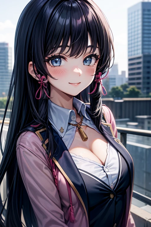1girl, solo, summer, village, trees, sun, clouds, fantasy, ((colorful hair)), curly hair, ponytail, big full breasts, ((black blazer)), button down shirt, ((white shirt)), ((short sleeved shirt)), ((unbuttoned shirt)), unbuttoning buttons, cleavage 1:3, brown eyes, skirt, smile, looking at the viewer, standing, hair ribbon, golden necklate