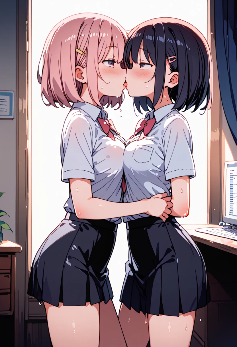 Two busty girls kissing and touching each other's pussies in a school classroom while their tits are sucked by the other