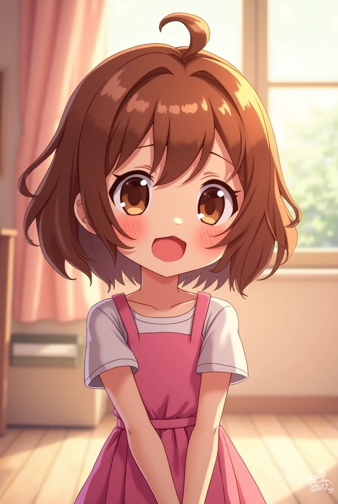 A 6-year-old girl with a cute, anime-style appearance. She has her hair styled in two-side up, with two ponytails on either side of her head. She is wearing a pink shirt and a white skirt, and underneath her skirt, she is wearing a diaper, which is slightly visible. The setting is inside a cozy home, with soft lighting that adds warmth to the scene. The overall atmosphere is innocent and tender, capturing the simplicity and charm of childhood.