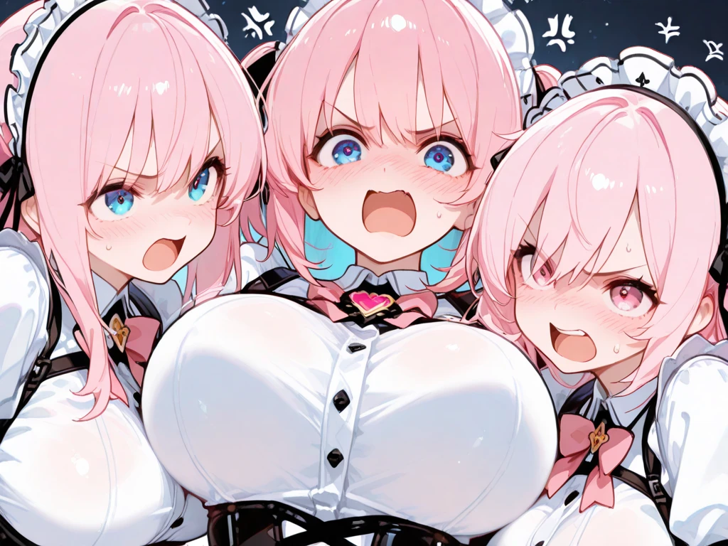 ((Three Pretty erotic maids with super colossal breasts hugging each other:1.2)), ((pressing their breasts each other:1.3)), topless, Baby face, harem, ((master piece, top-quality, ultra-definition, high resolution)), anime girls, ((ultra-detailed illust:1.2)), bangs, hair between eye, random colored hair, beautiful hair, random colored eyes, Shiny eyes, ((detailed eyes:1.2)), ((Erected Nipples)), Exposure of nipple, Beautiful nipples, ((super gigantic breasts:1.3)), huge tits, Soft breasts, cleavage of the breast, show breasts, emphasize the breasts, focused on breasts, exposure of the breasts, Big smile, enjoyed, laughing, opened mouth, without clothes, take off clothes, undressed, in the room, castle